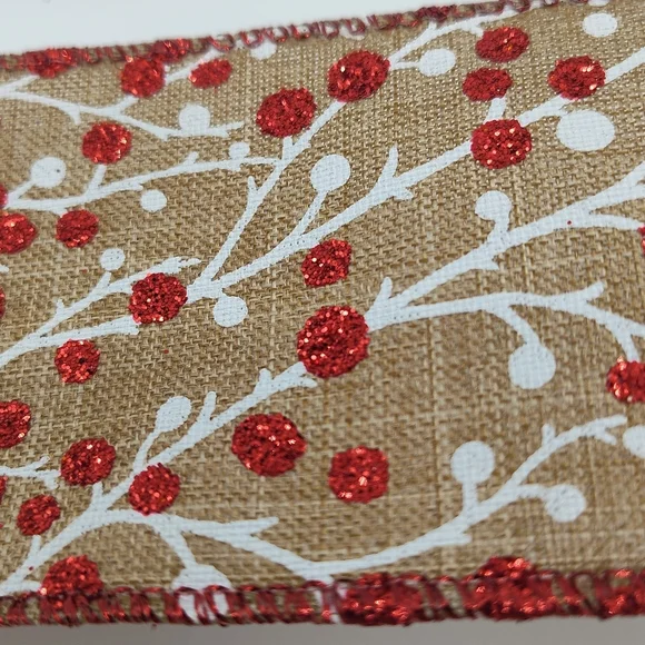 RENAISSANCE 2000 Wired Burlap Ribbon 2.5” Red Glitter Berry Two (2) Yards - Picture 4 of 6